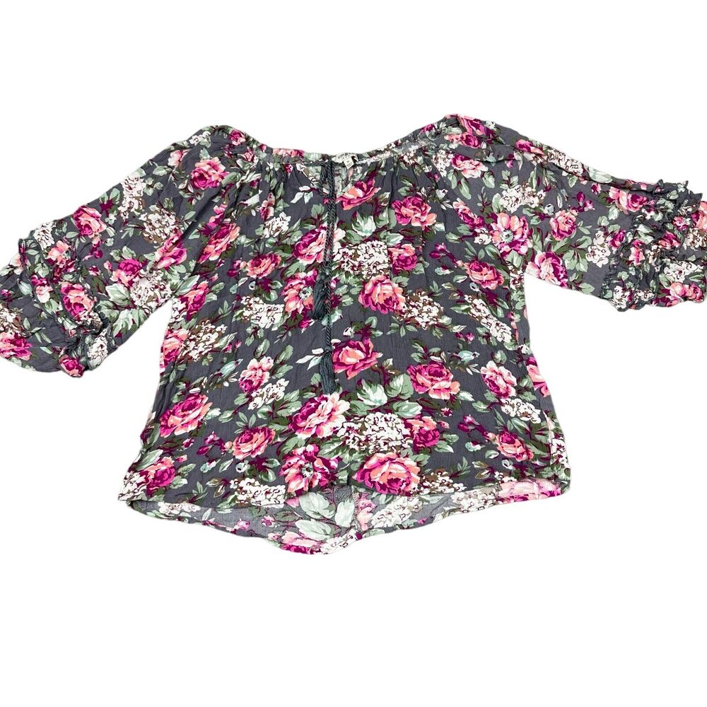 Umgee Floral Ruffle Sleeve Blouse Womens M Gray Pink Boho Off‎ Shoulder Top